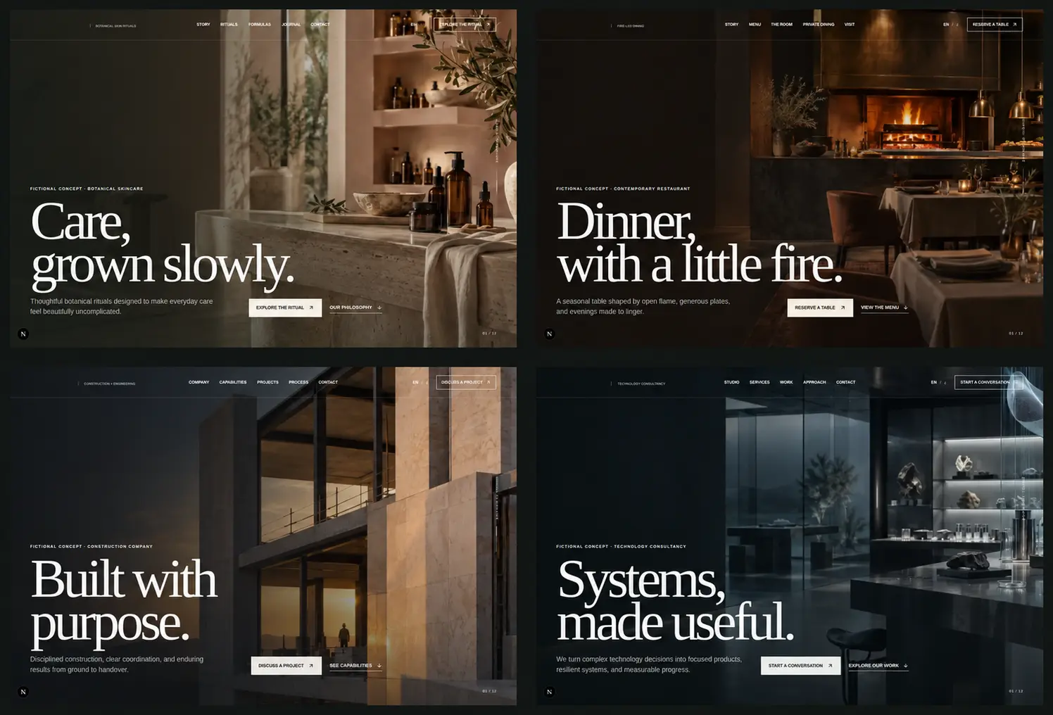 Four fictional website concepts for skincare, dining, construction, and technology brands